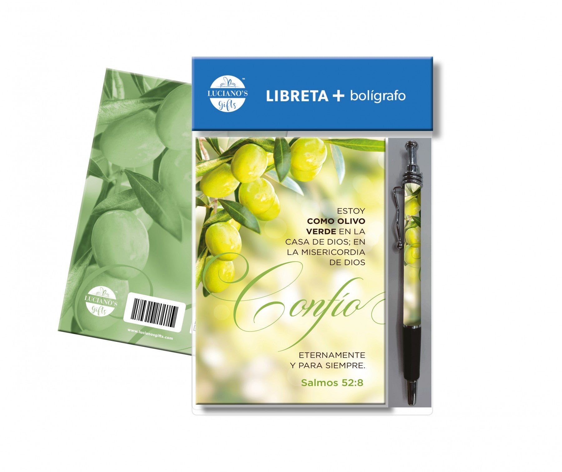 Un juego compuesto por un cuaderno cristiano y un bolígrafo con un diseño de aceitunas verdes y un versículo bíblico en español, presentado en un bonito envase. La portada del cuaderno muestra aceitunas verdes y un versículo del Salmo 52:8.