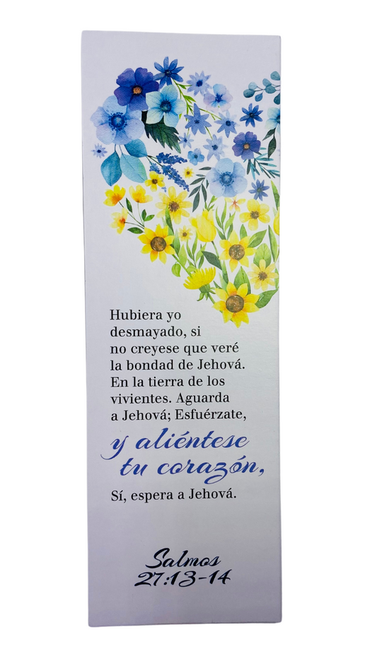 Un marcador bíblico rectangular con versículos de la Biblia en español, del Salmo 27:13-14, decorado con flores azules y amarillas dispuestas en forma de corazón en la parte superior; se presenta en un paquete de 25 unidades.