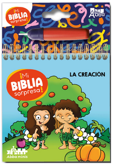 Portada de un folleto ilustrado de la Biblia para niños titulado «La Creación», en la que aparecen Adán y Eva en estilo de dibujos animados entre árboles y frutos en un jardín, con un rotulador de agua fijado en la parte superior para este libro para colorear.