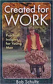 Portada del libro «Created for Work: Practical Insights for Young Men», de Bob Schultz, que incluye consejos para jóvenes y una imagen de un niño empujando una carretilla llena de hojas en un entorno al aire libre en otoño.