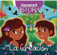Ilustración de dos niños animados en un jardín con pájaros y plantas. El texto dice: «Grandes Historias para Pequeños Lectores: La Creación», ideal para pequeños lectores a los que les encantan los libros ilustrados.