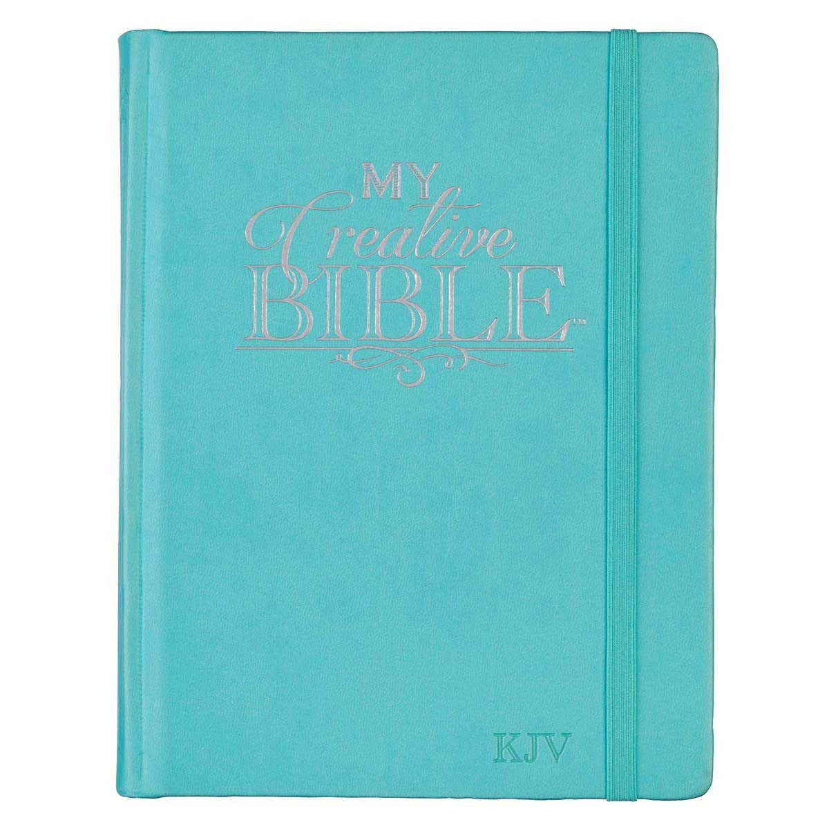 Una Biblia «My Creative Bible» de tapa dura en color verde azulado, ideal como Biblia para tomar notas o para colorear, con las siglas «KJV» grabadas en relieve en la esquina inferior derecha y un cierre de goma elástica en el lado derecho.