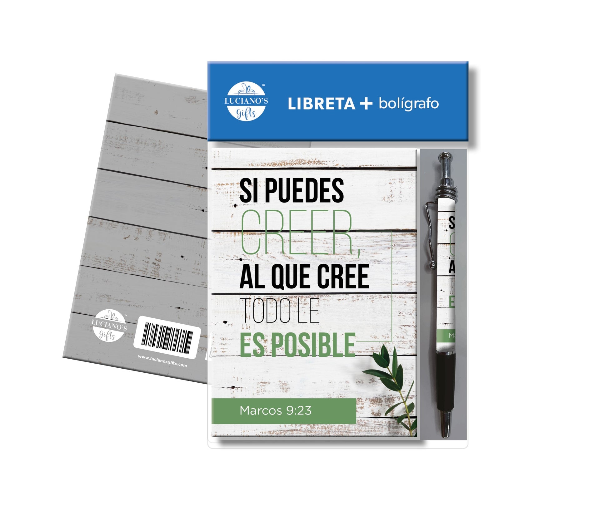 Cuaderno cristiano con bolígrafo y un hermoso versículo bíblico en la portada: «Si puedes creer, al que cree todo le es posible. Marcos 9:23», sobre un diseño que imita un panel de madera.