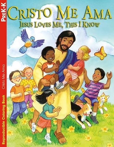 Portada del libro de actividades para colorear Cristo Me Ama, en la que aparece Jesús rodeado de un grupo diverso de niños, un perro, un gato, un pájaro y una mariposa en un campo.