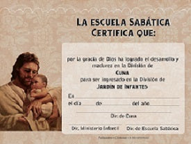 Un certificado con texto en español titulado «La Escuela Sabática Certifica Que», que incluye una ilustración de Jesús sosteniendo a un bebé a la izquierda. Ideal para la clase de cuna o para certificados de promoción, con espacios en blanco para el nombre y la fecha en la parte derecha.