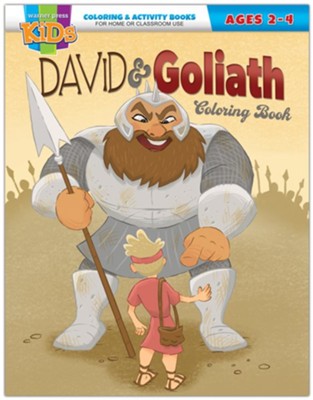 Portada de un libro de actividades para colorear titulado David y Goliat, dirigido a niños de 2 a 4 años, en la que aparece un guerrero corpulento con armadura señalando a un joven más pequeño que sostiene una lanza.