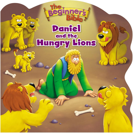 Ilustración de Daniel tirado en el suelo en una fosa de leones, rodeado de cinco leones, tomada de un libro infantil sobre la Biblia titulado «Daniel y los leones hambrientos»: una historia bíblica para niños sobre la confianza en Dios.