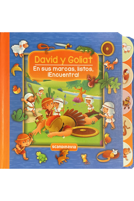 Portada de un libro infantil titulado «David y Goliat» en español, en la que aparecen personajes de dibujos animados, animales, escenas de la naturaleza y el ejército israelita, con bordes de color naranja y azul. Una ayuda bíblica perfecta para los jóvenes lectores.