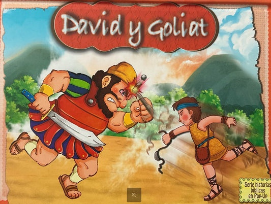 Ilustración de David y Goliat: un hombre corpulento y con armadura carga con una espada, mientras que un niño más pequeño blande una honda, con un paisaje montañoso de fondo.
