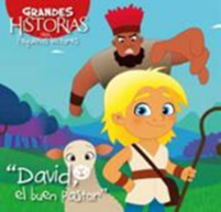 Ilustración de cómic en la que aparece un niño pequeño rubio con un cordero, con un hombre grande y barbudo al fondo. Perfecta para historias para pequeños lectores, con ilustraciones a todo color. El texto dice: «David, el buen pastor».