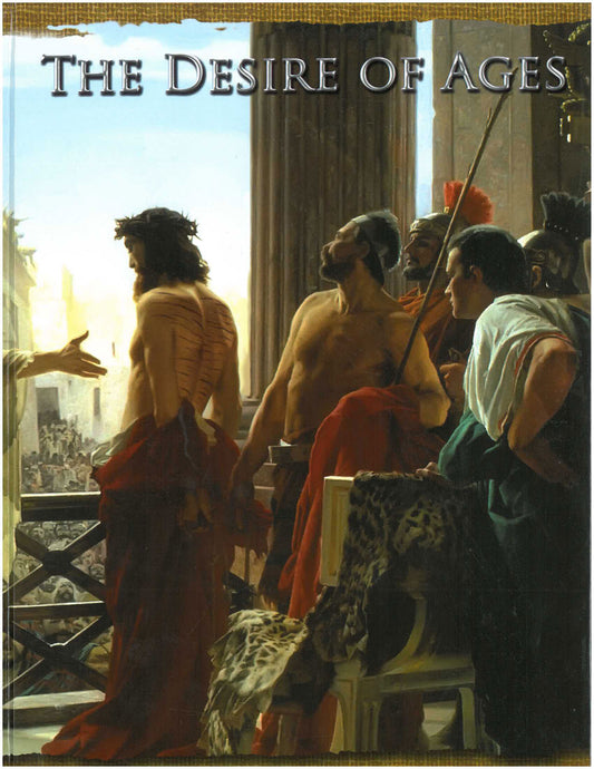 Una escena inspirada en la vida de Jesús, en la que se le representa con una corona de espinas y una túnica roja, ante una multitud, con soldados y funcionarios romanos a su alrededor: un momento impactante sobre el que se reflexiona a menudo en los libros cristianos y en los escritos de Elena G. de White.