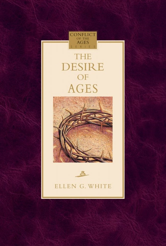 Portada del libro *El Deseo de los Siglos*, de Ellen G. White, en la que aparece una corona de espinas sobre un fondo granate, que refleja la vida de Jesús y su resurrección.