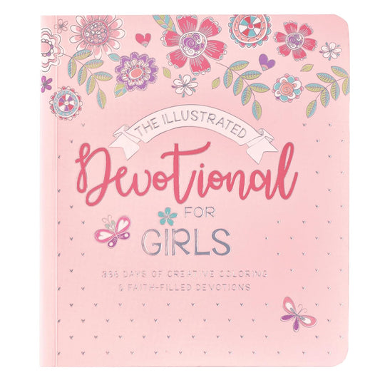 Un libro devocional de color rosa titulado «El devocional ilustrado para niñas», con ilustraciones de flores y mariposas en la portada, perfecto para las lecturas devocionales diarias y para colorear ilustraciones de las Escrituras.