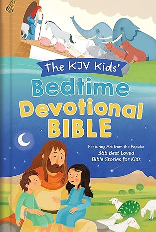 Portada de la Biblia devocional para niños «KJV Kids’ Bedtime Devotional Bible», en la que aparecen Jesús con dos niños, animales subiendo al Arca de Noé y dos elefantes bajo una luna creciente: una Biblia devocional infantil perfecta para contar historias bíblicas a los niños antes de dormir.