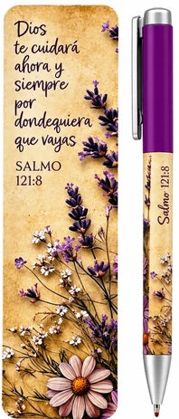 Juego de marcapáginas y bolígrafo con ilustraciones de lavanda y la frase en español Dios te cuidará, del Salmo 121:8.