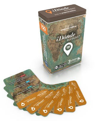 Un juego de preguntas y respuestas en caja titulado «¿Dónde sucedió?», con un juego de cartas ilustradas dispuestas en abanico en la parte delantera, que incluye mapas y preguntas y respuestas bíblicas relacionadas con la ubicación de personajes bíblicos, todo ello en español.