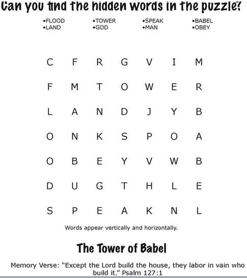 Un juego de búsqueda de palabras titulado «La Torre de Babel», con las siguientes palabras que hay que encontrar: INUNDACIÓN, TIERRA, TORRE, DIOS, HABLAR, HOMBRE, BABEL, OBEDECER; ideal para actividades bíblicas o como complemento de las páginas para colorear. Las palabras aparecen tanto en vertical como en horizontal.
