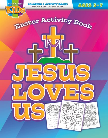 Portada a todo color de un libro de actividades para colorear dirigido a niños de entre 5 y 7 años, en la que aparecen tres cruces, el texto «Jesús nos quiere» y algunas páginas de ejemplo para colorear.