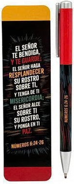 Un marcapáginas y un bolígrafo a juego, ambos con grabada la bendición bíblica de la paz de Números 6:24-26.