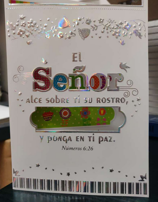 Una tarjeta cristiana decorativa con el versículo «Que el Señor te mire con agrado y te conceda la paz» (Números 6:26), coloridos diseños florales y un mensaje de bendiciones y amor de Dios.