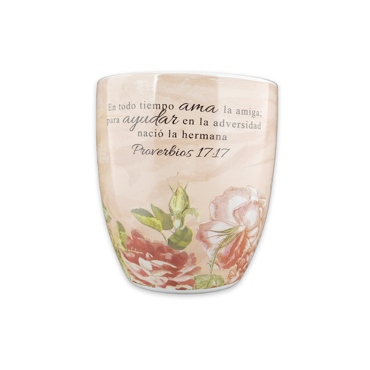 Una taza de cerámica con motivos florales y un texto en español que cita Proverbios 17:17, perfecta como regalo cristiano para una amiga que valora la amistad y el apoyo.