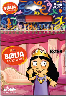Portada de un libro infantil con encuadernación en espiral, en la que aparece la reina Ester en estilo de dibujos animados, titulado «¡Mi Biblia Sorpresa!» sobre un fondo de un palacio rosa; perfecto para aprender sobre la historia de Ester.