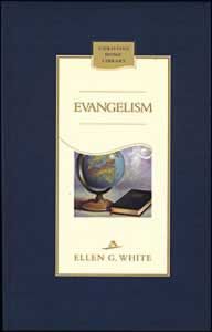 Portada del libro *Evangelismo*, de Elena White, en la que aparece la imagen de un globo terráqueo y un libro sobre una mesa, rodeados por un marco azul oscuro, lo que refleja sus ideas sobre la verdadera educación y la educación cristiana.
