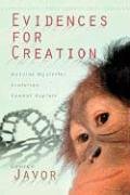 Portada del libro *Evidences for Creation*, de Javor, en la que aparece un primer plano del rostro de un mono con una tenue doble hélice de ADN al fondo, lo que pone de relieve la conexión entre la ciencia y la religión a la hora de explorar el sentido de la existencia.