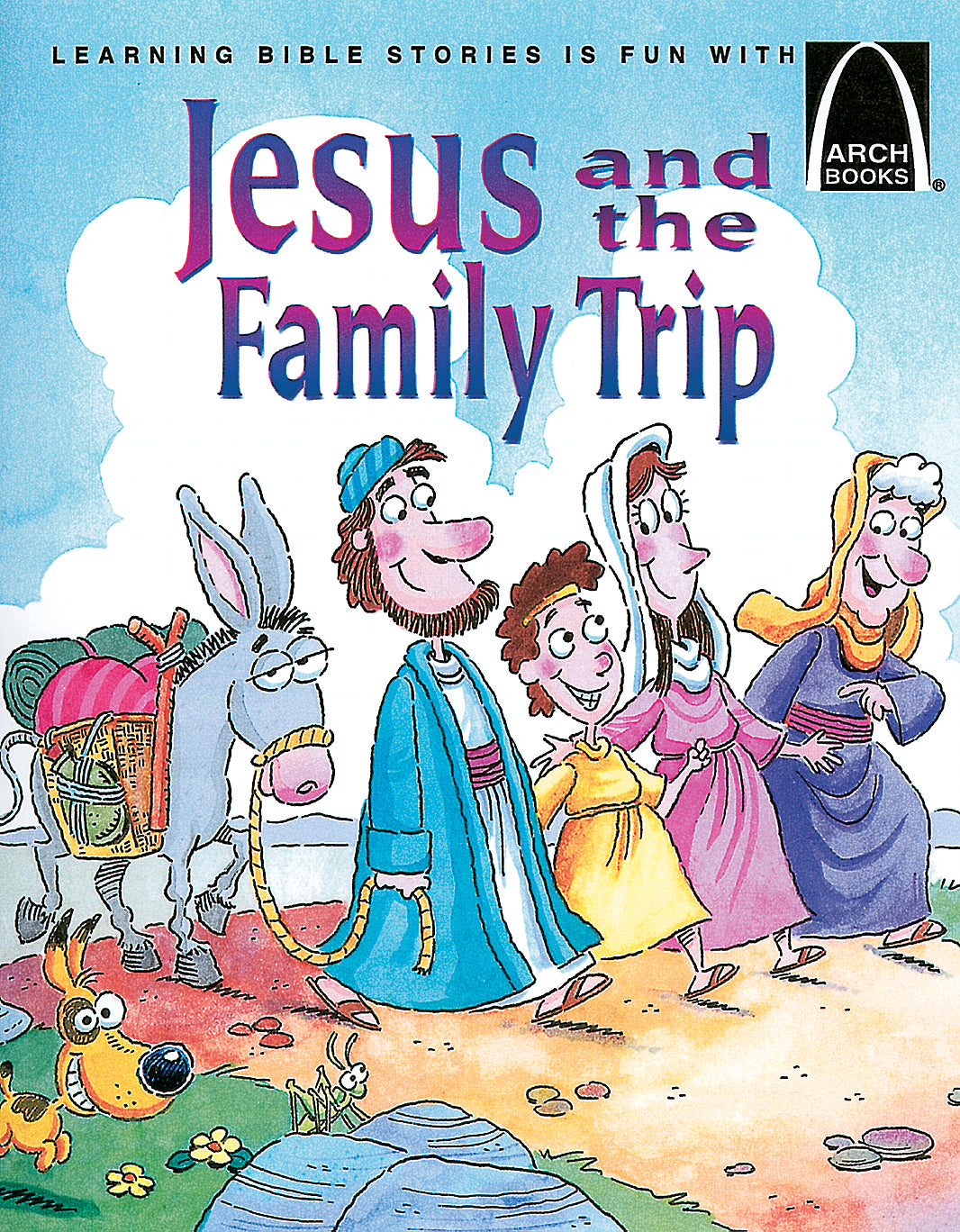 Ilustración de estilo cómic en la que aparece el joven Jesús con su familia, un burro y un perro, caminando juntos bajo el título «Jesús y el viaje en familia», de Arch Books, basada en Lucas 2:41-52, que narra su viaje al templo de Jerusalén.
