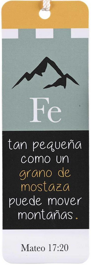 Marcapáginas con una ilustración de una montaña y un texto en español: «Una fe tan pequeña como un grano de mostaza puede mover montañas. Mateo 17:20».