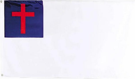 Una bandera blanca de poliéster con un cuadrado azul en la esquina superior izquierda que contiene una cruz cristiana roja. Cuenta con ojales de latón y es resistente a la decoloración, lo que permite su exposición prolongada al aire libre.