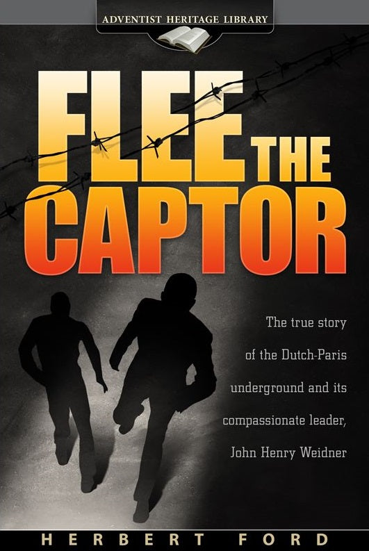 Portada del libro *Flee the Captor*, de Herbert Ford, en la que aparecen dos siluetas corriendo bajo alambre de púas, lo que refleja las audaces fugas de John Henry Weidner del terror nazi con la resistencia holandesa y parisina. El título, en letras llamativas, destaca sobre la escena.