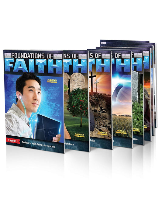 Una colección de folletos educativos titulada «Fundamentos de la fe», cuyas portadas muestran a un hombre con una tablilla, una tumba, cruces y un monumento de piedra; ideal para el estudio de la Biblia o para profundizar en las enseñanzas bíblicas fundamentales.