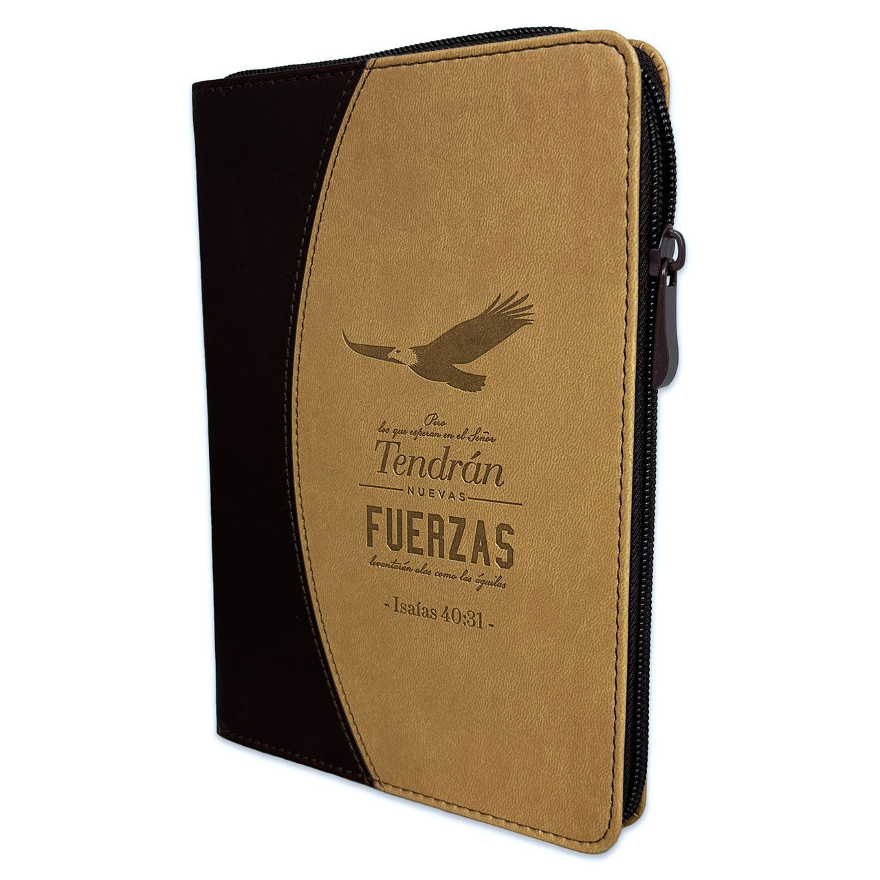 Una funda para libros en tonos beige y marrón con cremallera, con un dibujo de un águila, cierre de seguridad y un versículo bíblico en español impreso en la parte delantera; perfecta como diario para tomar notas.