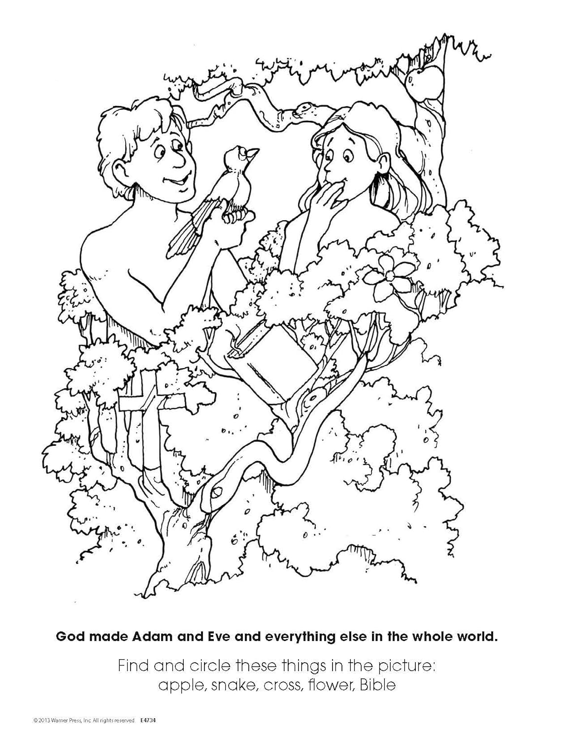 Adán y Eva están entre los árboles; Adán sostiene un pájaro mientras Eva mira sorprendida. Ideal para niños de entre 4 y 7 años, este libro de actividades bíblicas incluye un juego de «busca y encuentra» con acertijos de imágenes ocultas: marca con un círculo la manzana, la serpiente, la cruz, la flor y la Biblia.