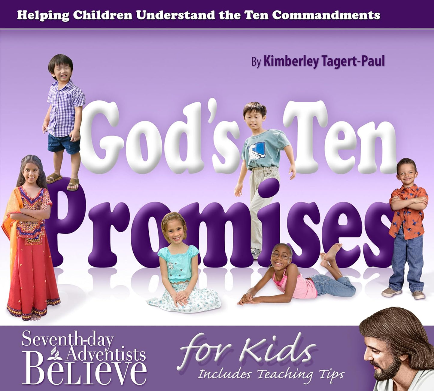 No se han facilitado palabras clave, así que aquí tienes una versión ligeramente revisada de tu descripción para que resulte más clara y concisa: Portada del libro titulado «Las diez promesas de Dios», en la que aparecen seis niños sonrientes de distintos orígenes, con un texto que indica que se trata de una guía para ayudar a los niños a comprender y seguir los Diez Mandamientos.