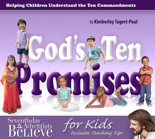 No se han facilitado palabras clave, así que aquí tienes una versión ligeramente revisada de tu descripción para que resulte más clara y concisa: Portada del libro titulado «Las diez promesas de Dios», en la que aparecen seis niños sonrientes de distintos orígenes, con un texto que indica que se trata de una guía para ayudar a los niños a comprender y seguir los Diez Mandamientos.