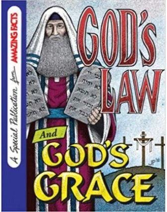 Ilustración de Moisés sosteniendo unas tablas con texto en hebreo, tituladas «La ley de Dios y la gracia de Dios», en la que se destaca la ley moral de Dios, con cruces al fondo y un banner de la publicación en el lado izquierdo.