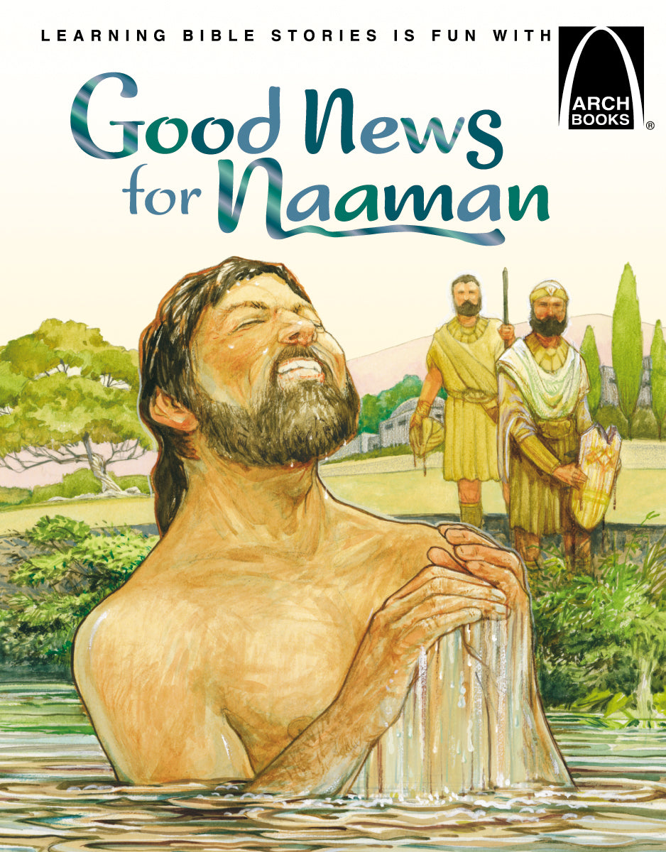 Un hombre ilustrado con barba está sumergido en el agua hasta la cintura, con los ojos cerrados, mientras dos hombres con túnicas observan desde la orilla; la ilustración representa la historia de la lepra y la curación que aparece en 2 Reyes 5:1-19, donde Jesús cura a Naamán.