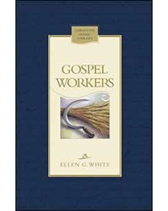 La portada del libro *Gospel Workers*, de Ellen G. White, muestra una hoz y un manojo de trigo sobre un fondo azul, lo que simboliza la dedicación de los misioneros a la labor del Evangelio.