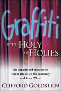 Portada del libro *Graffiti in the Holy of Holies*, de Clifford Goldstein, en la que aparece el título en letras estilizadas y en negrita sobre un fondo de cortinas rojas, evocando temas relacionados con el santuario y el juicio investigador.
