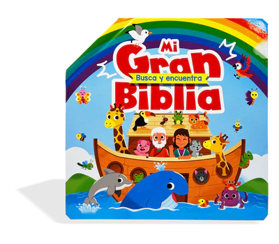 Portada colorida de un libro infantil titulado «Mi Gran Biblia», en la que aparecen el Arca de Noé, animales, un arcoíris e ilustraciones de dibujos animados de Noé y otra persona; se trata de un libro interactivo en el que se pueden buscar personajes en escenas bíblicas clásicas.