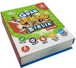 Un juego en caja titulado «El Gran Juego Biblia Junior», que incluye personajes de dibujos animados e iconos para dibujar, hacer mímica, imitar, responder a preguntas bíblicas y realizar actividades de «verdadero o falso»: un juego bíblico ideal para niños.