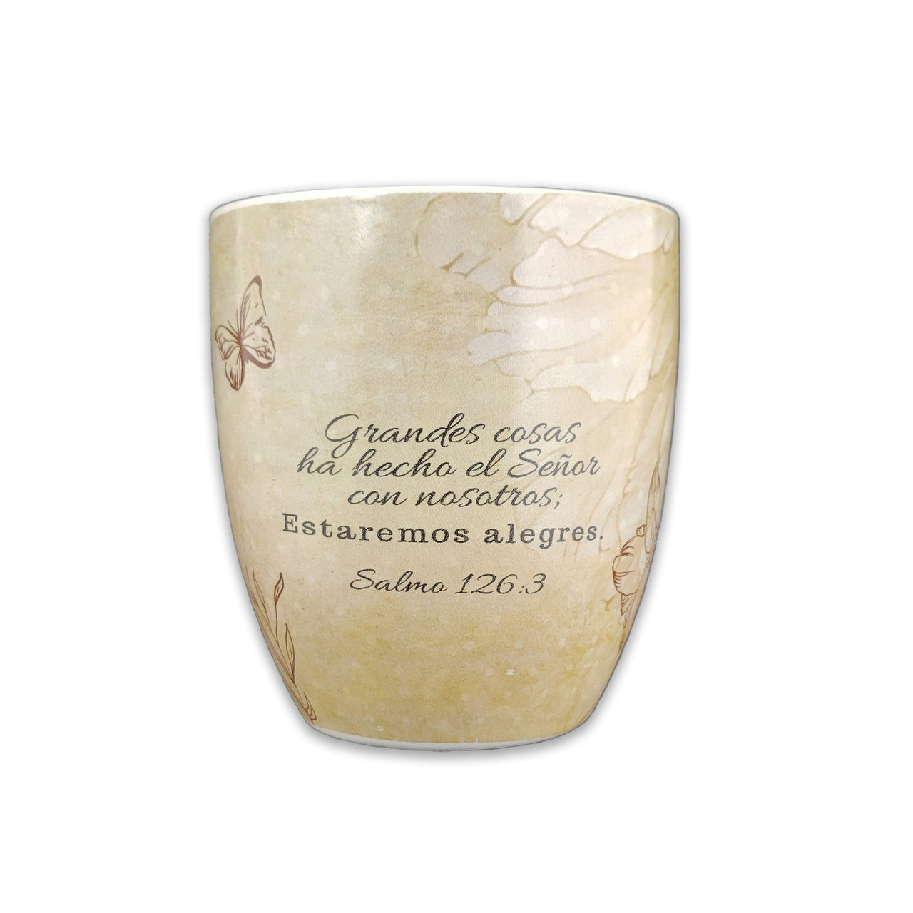 Taza de cerámica de color beige con motivos de mariposas y flores, en la que figura el versículo de la Biblia en español: «Grandes cosas ha hecho el Señor con nosotros; estaremos alegres». Salmos 126:3.