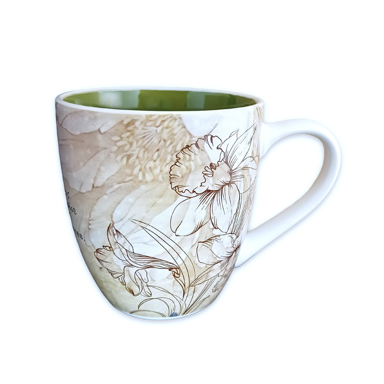 Taza de cerámica con el interior verde y el exterior beige, decorada con un diseño floral de trazo sencillo, un asa grande y la frase «Grandes cosas ha hecho el Señor», inspirada en el Salmo 126:3, sobre un fondo blanco.