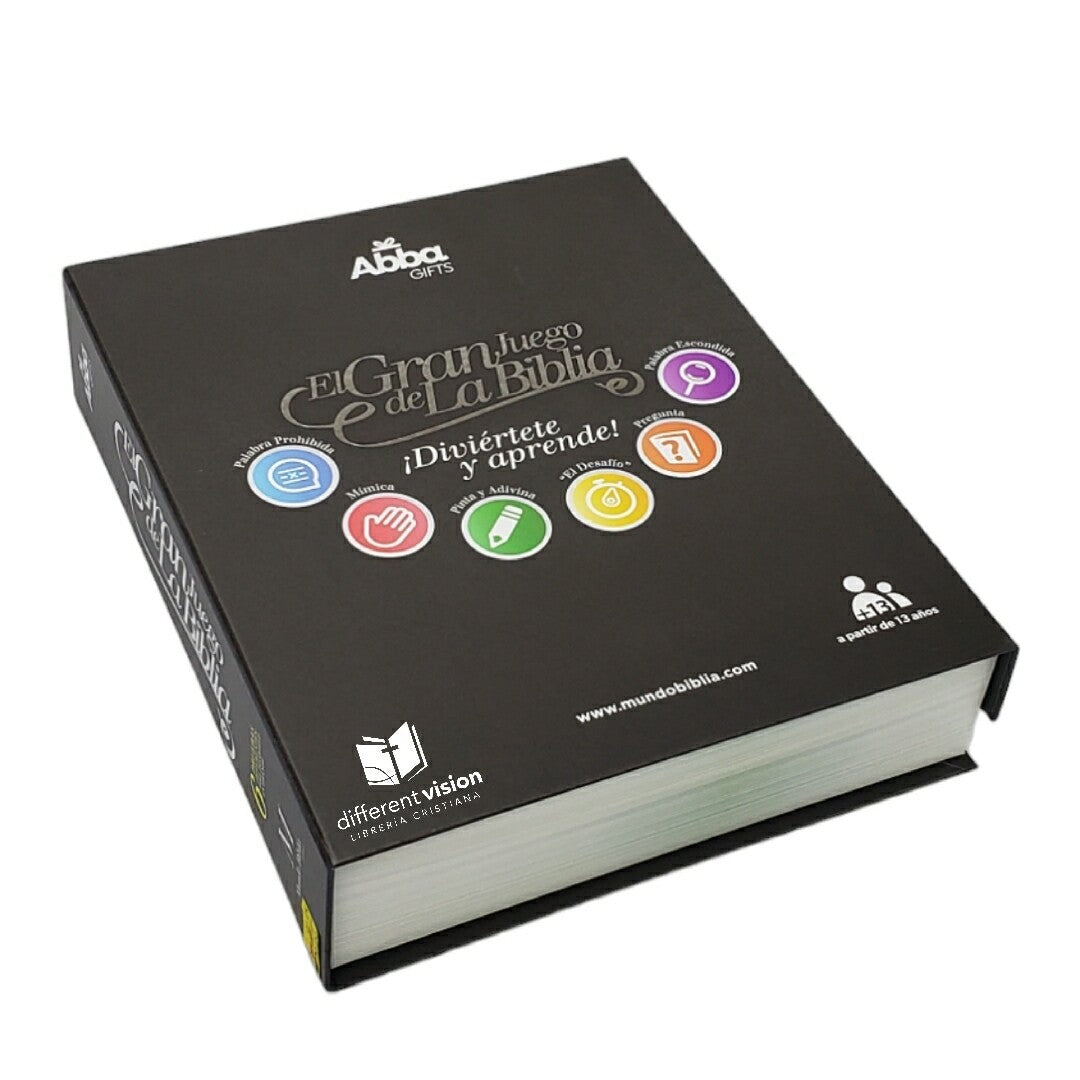 Un juego en caja titulado «El Gran Juego de la Biblia» presenta iconos de colores en la portada y está recomendado para mayores de 8 años, lo que lo convierte en un divertido juego cristiano lleno de preguntas bíblicas para toda la familia.