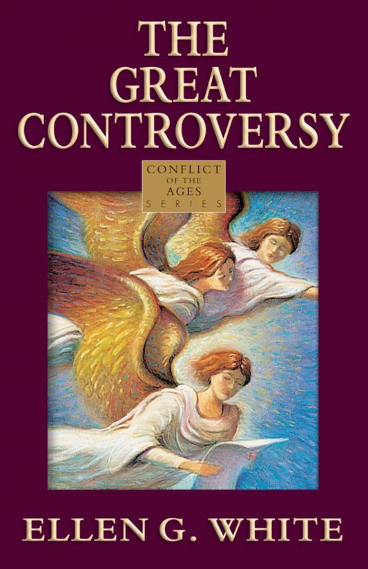 Portada del libro *El gran conflicto*, de Ellen G. White, en la que aparecen tres ángeles alados sobre un fondo granate, lo que pone de relieve el conflicto inminente entre Dios y Satanás, y una etiqueta en la que se lee «Serie El conflicto de los siglos».