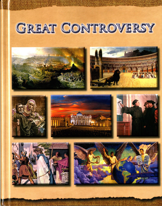Collage de escenas históricas y religiosas, entre las que se incluyen ciudades antiguas, el Coliseo romano, figuras religiosas, ángeles y el Vaticano, bajo el título «El gran conflicto», que representa el conflicto continuo entre Cristo y Satanás. Edición en tapa dura.