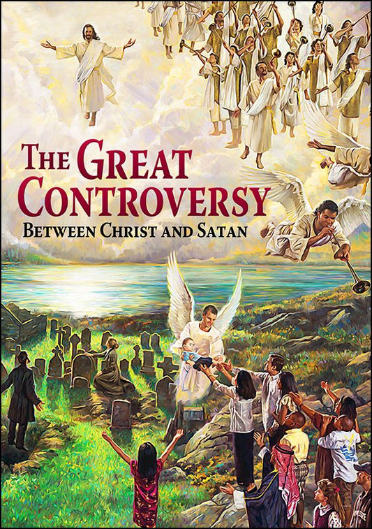 Un cuadro que representa la resurrección con ángeles, Jesús y personas que se levantan de sus tumbas; el texto reza: «La gran contienda entre Cristo y Satanás»: un vívido reflejo del conflicto que se libra en el cielo.