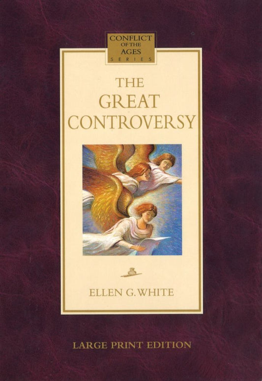 Portada de «El conflicto de los siglos», de Ellen G. White, con una ilustración de tres ángeles y un borde marrón con texto dorado, disponible en una edición de tapa dura con letra grande.